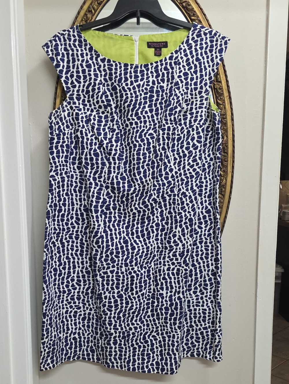 Signature by Robbie Bee Navy White Printed Midi Dress Lime Lining Womens SZ 18w